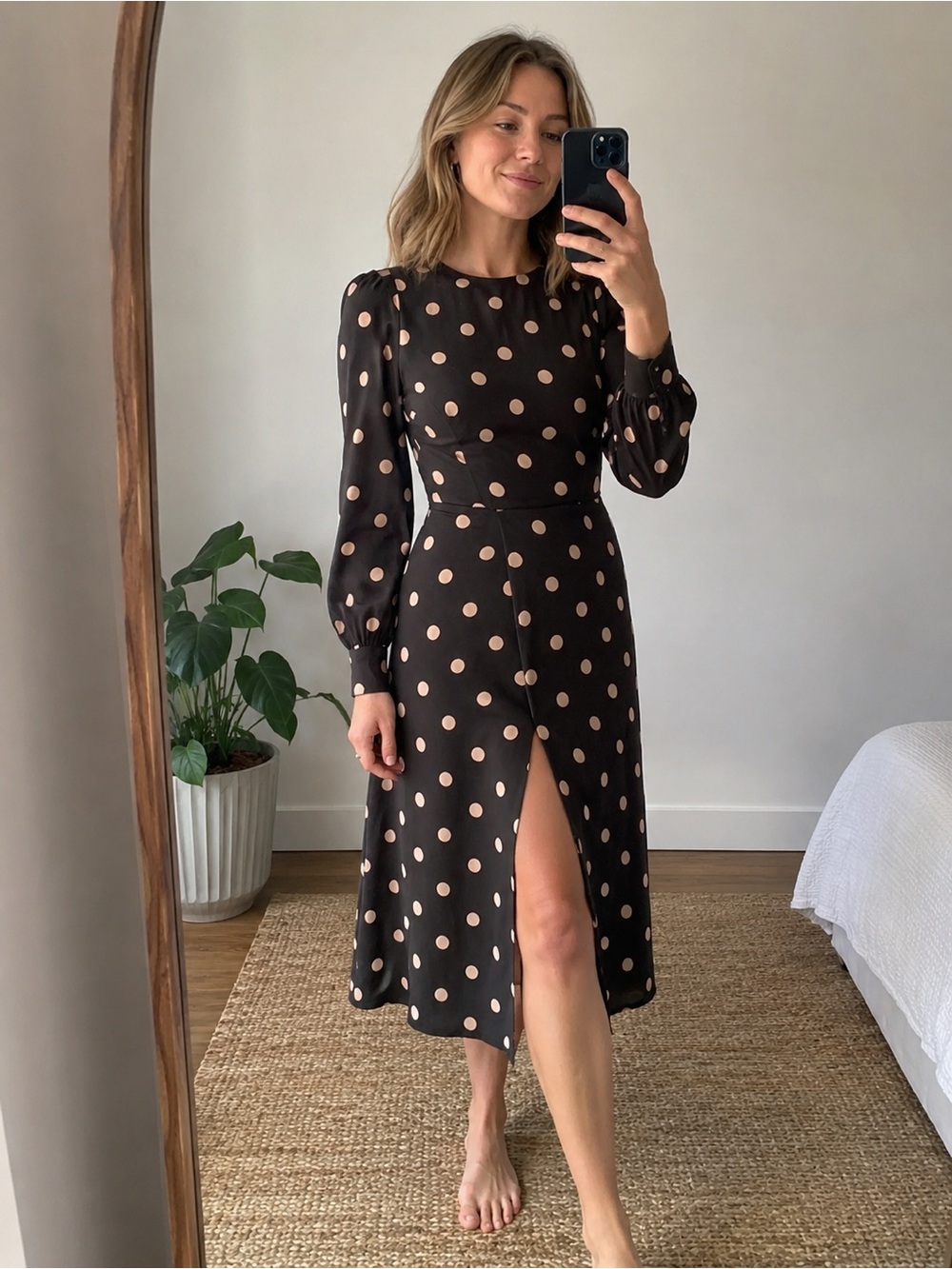 Reformation Long Sleeve Polka Dot Midi Dress Size 0 Creed Style